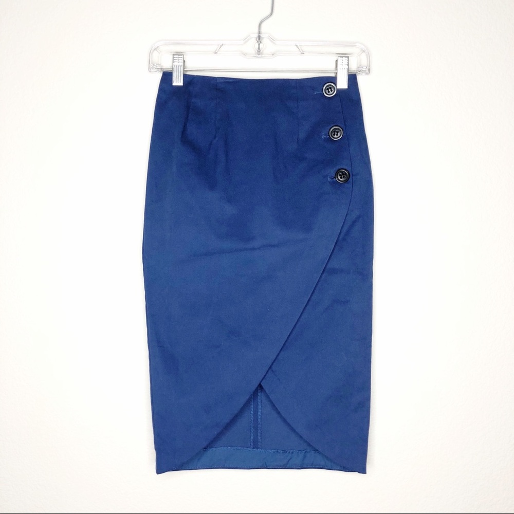 Navy Blue Asymmetrical Tulip Hem Midi Button Pencil Skirt S
